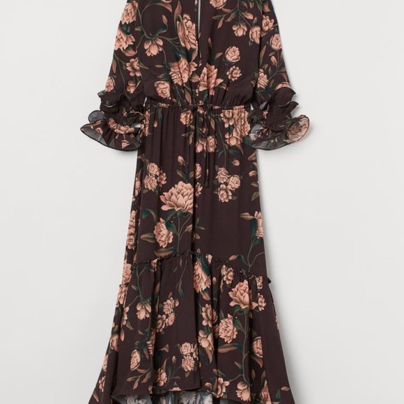 Johanna Ortiz x H&M Creped Ruffled Dress in Dark Brown Wild Roses XS - Picture 2 of 6